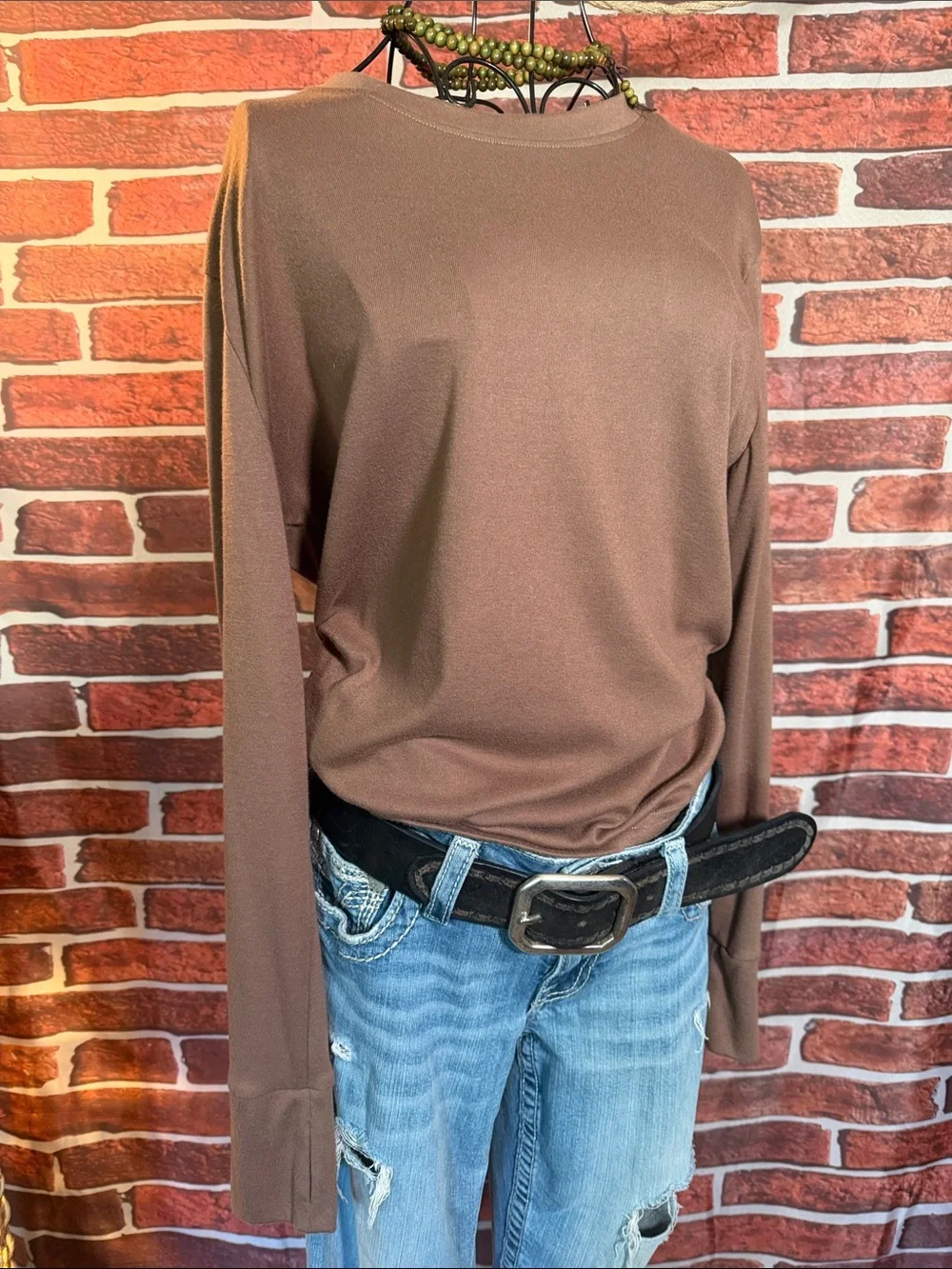 👚 Cotton Long Sleeve Thumb Hole Top — Camo Brown — Sz L / NWOT / Q